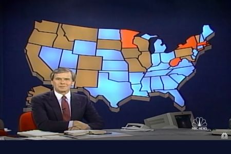 NBC News&#39; 1988 electoral map marked states won by Republican George H.W. Bush in blue and states won by Democrat Michael Dukakis in red.