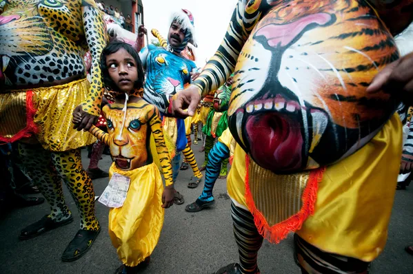 "Puli Kali"- In the annual festival"Onam",held in Kerala,India,this event marked the driving away the evil spirit from society."Puli" means tiger and "Kali" means dance in malayalam language.Hundreds  thumbnail