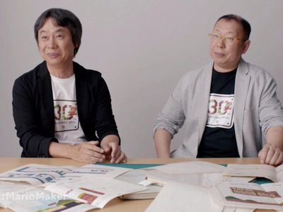 Super Mario Bros. creators Shigeru Miyamoto and Takashi Tezuka in a screenshot from Kotaku's YouTube video "Design History of Super Mario Maker, E3 2015"