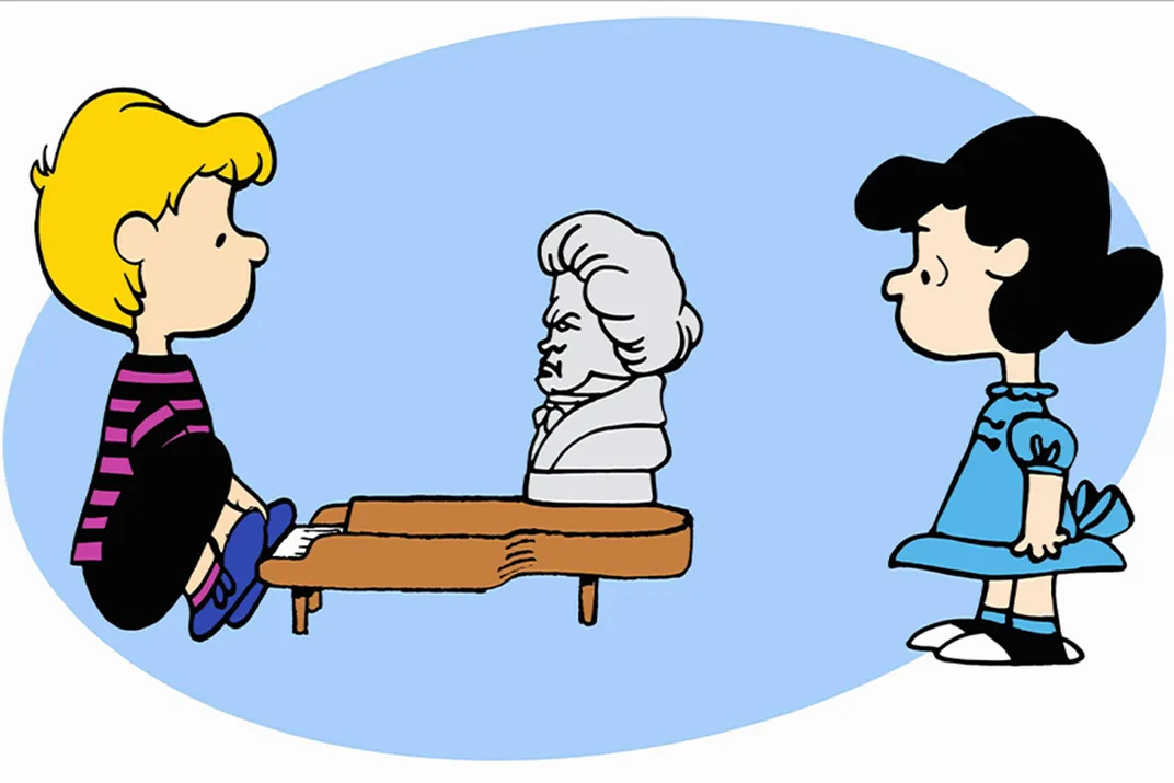 Schroeder nimbly performs Beethoven on his toy piano while his romantic admirer, Lucy, awaits his attention.