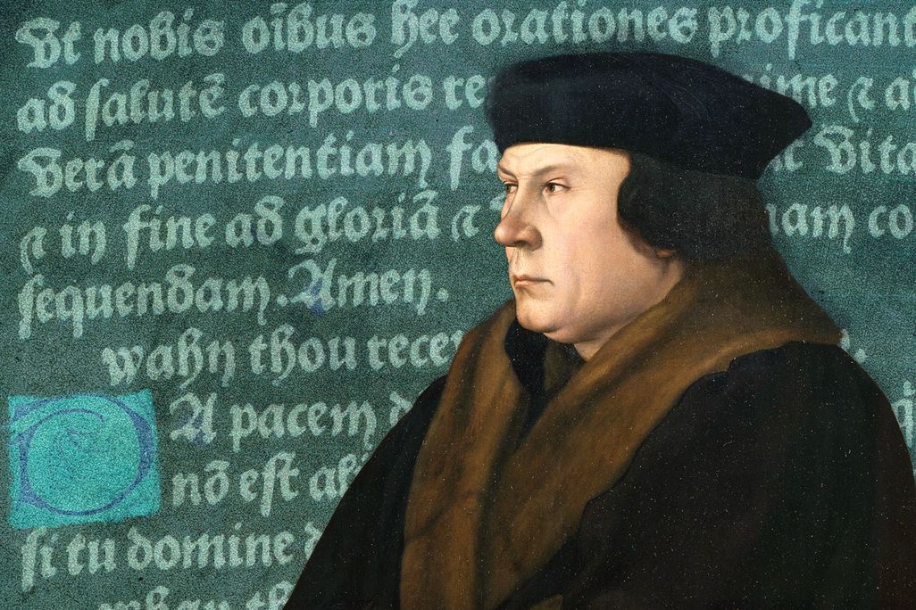 Illustration of Thomas Cromwell in front of a page from his Book of Hours