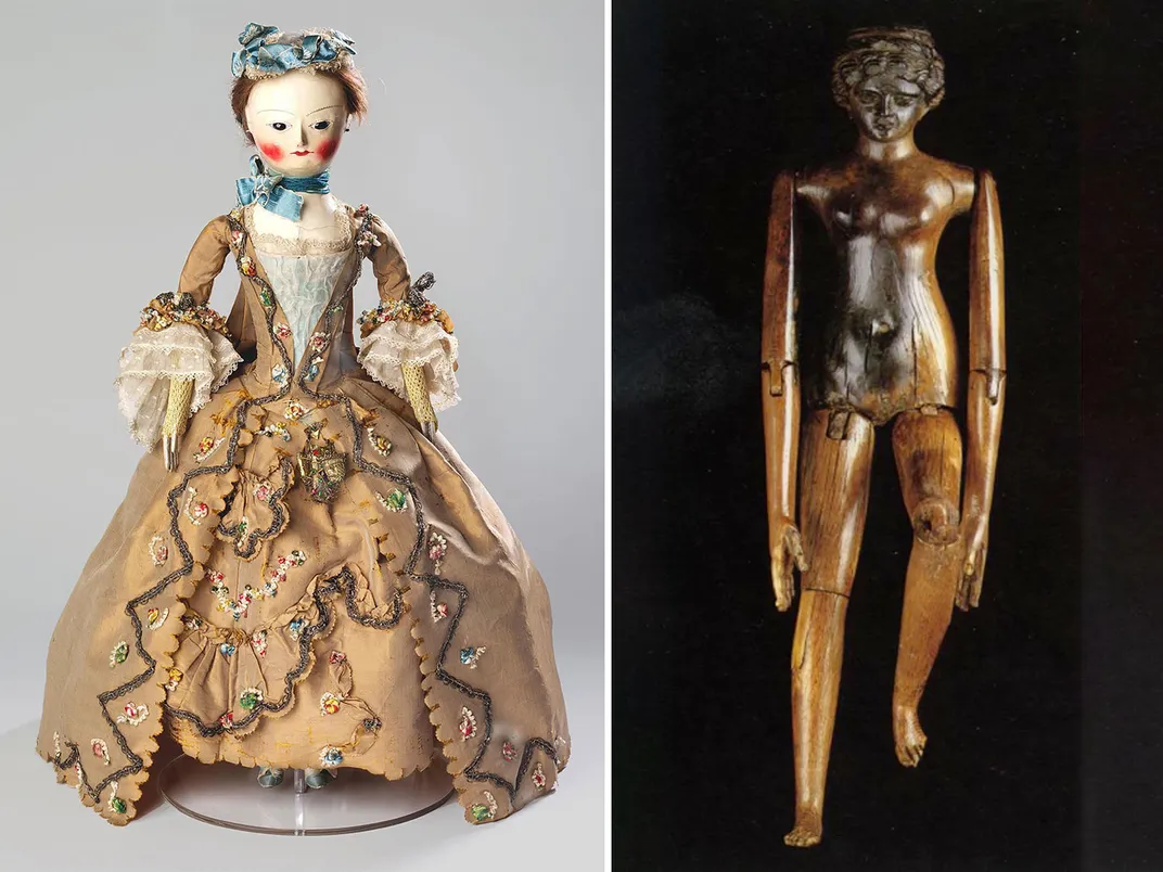 A mid-18th century English doll (left) and the ancient Roman Crepereia Tryphaena doll (right)