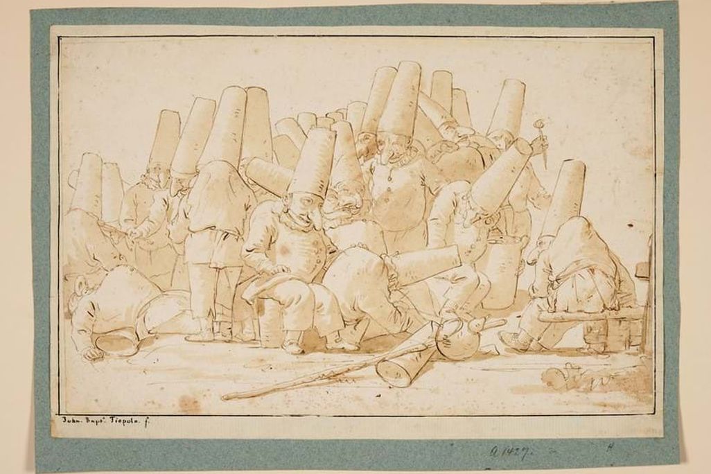 A drawing made with thin reddish lines on yellowed paper of many small men with large conical hats eating and making merry