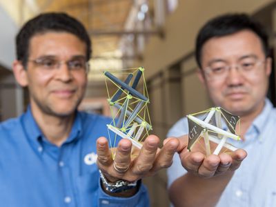 Georgia Tech engineers Glaucio Paulino and Jerry Qi show two of their 3-D printed "tensegrity" structures that fold flat and build themselves up with heat. These are just proofs of concept, but Qi and Paulino predict that structures like this could be used to build space habitats or heart stents.