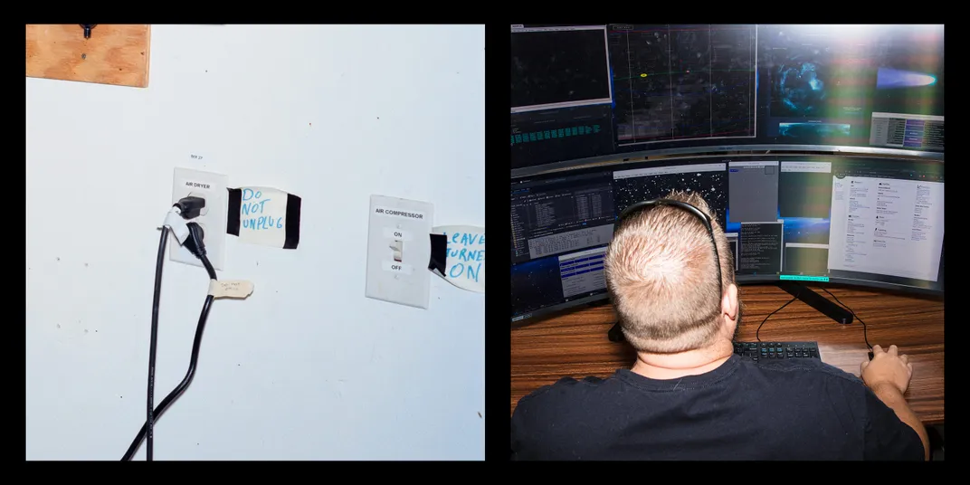 outlets with notes not to unplug the cords; Rankin in front of the computer screen