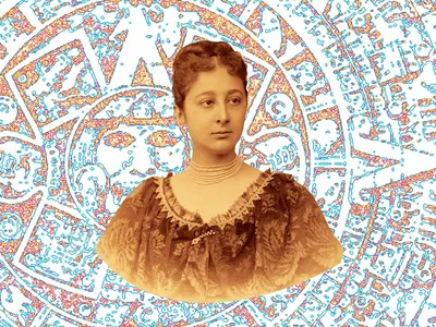 An illustration of the Aztec calendar stone surrounds a young portrait of anthropologist Zelia Nuttall. &ldquo;Mrs. Nuttall&rsquo;s investigations of the Mexican calendar appear to furnish for the first time a satisfactory key,&rdquo; wrote one leading scholar.