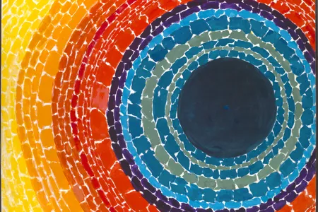 Painting with a dark blue center circle surrounded by concentric circles of reds, oranges, and yellow