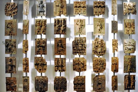 Brass plaques from Benin City, on display at the British Museum. 