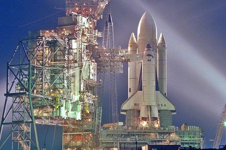 Space shuttle Columbia, on the pad before its first launch in April 1981
