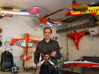 Schulman with some of his model aircraft, including a quadcopter.