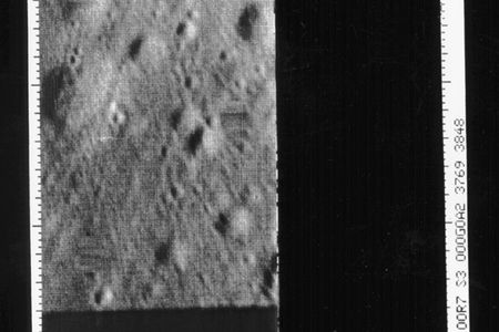 The last image taken by Ranger 7, less than two-tenths of a second before hitting the moon on July 31, 1964. The spacecraft was about 480 meters above the lunar surface when transmission began; impact came before the photo finished sending, so the right half is cut off. The resolution in this final image is about half a meter.