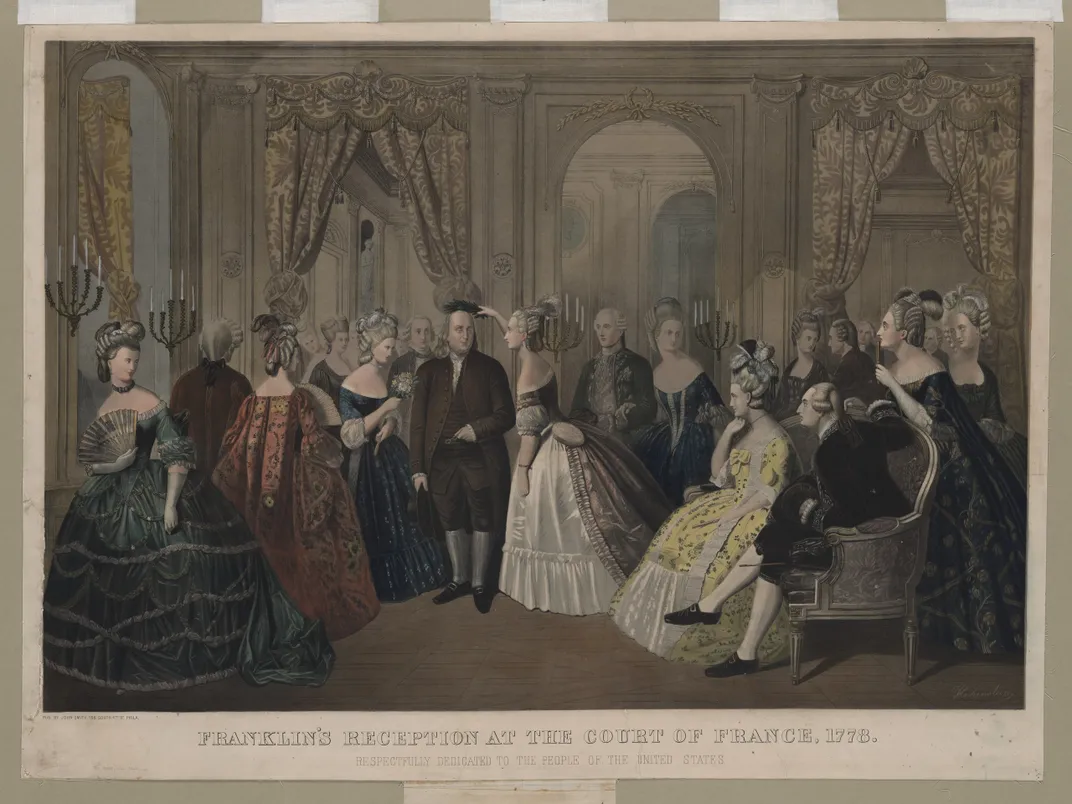 An 1823 illustration of Franklin's reception at French court in 1778