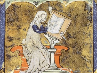An illuminated manuscript illustration of Marie de France, a 12th-century poet