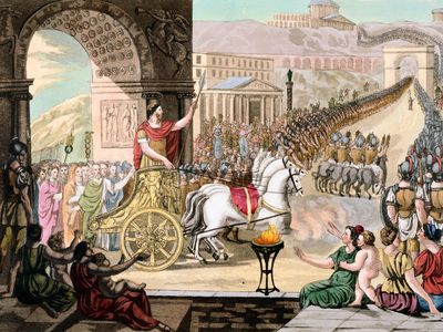 A victorious commander rides in a chariot during a triumphal procession in ancient Rome.