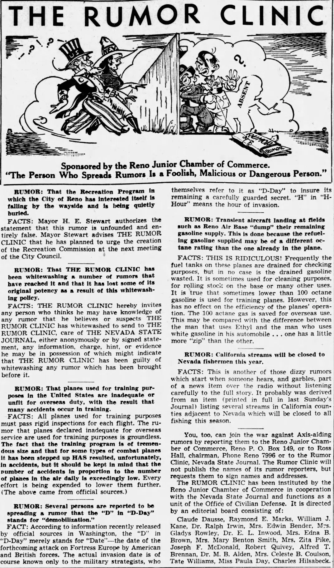 An August 1944 rumor clinic column published in Reno, Nevada