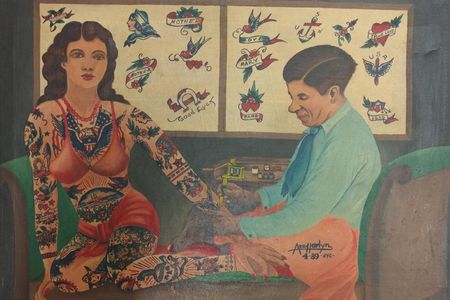 Ace Harlyn (active ca. 1930–40), Charlie Wagner tattooing Millie Hull, 1939, oil on canvas