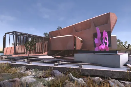 The Virtual Online Museum of Art (VOMA) features art by global artists, including "Pinga," a powder-coated steel sculpture by Misha Milovanovich. 