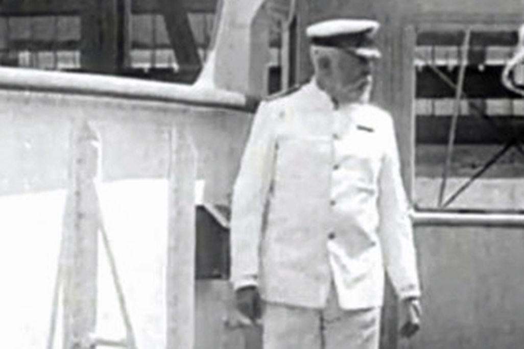 Captain Edward Smith purportedly on the Titanic, but actually filmed a year earlier aboard the Olympic.