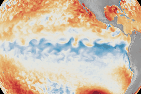 Animation showing the surface water temperature changing in the Pacific Ocean from January 1 through June 8.