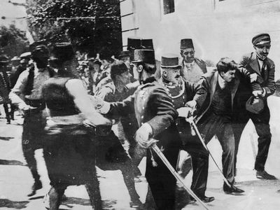 Soldiers arrest Gavrilo Prinzip, assassin of the Archduke Franz Ferdinand in Sarajevo.