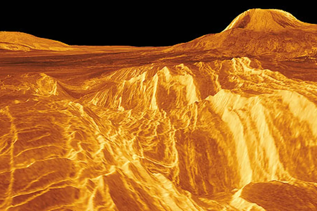 Most pictures of the Venus surface are synthetic, like this view of a volcanic region called Eistla, created from Magellan orbital radar data. The SAGE lander would take actual photos from ground level.