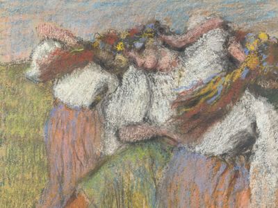 A zoomed-in view of Edgar Degas&#39;&nbsp;Ukrainian Dancers, previously known as&nbsp;Russian Dancers