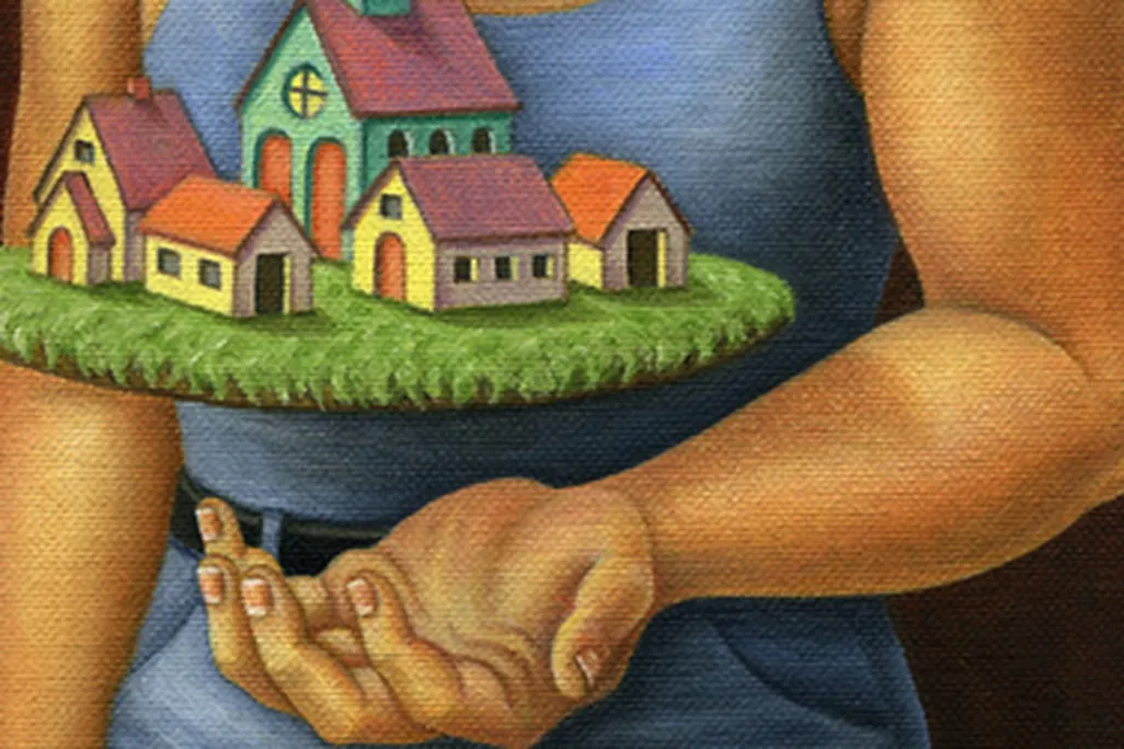 “Nostalgia Man” by Amy Crehore 1996, oil painting (9 1/2″ x 10 1/2″)