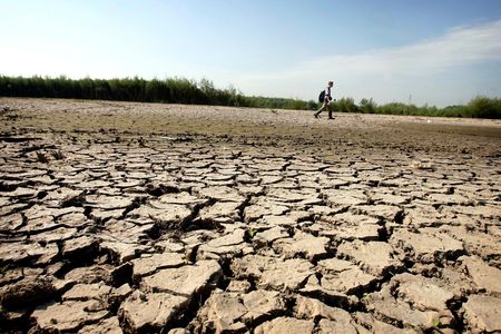 A bird watcher walks through a dried-up riverbed in the Netherlands in 2007.