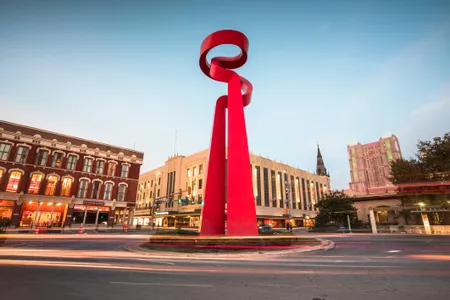 The Torch of Friendship is a 65-foot, 45-ton steel sculpture near San Antonio's River Walk.