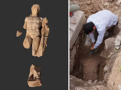 Fragments of the Hercules statue (left) and an archaeologist excavating the artwork (right)