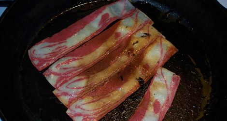 Vegetarian bacon tastes good, the author promises.