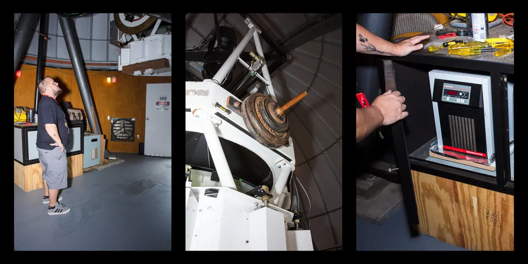 three images: Rankin looks at equipment, a white metal apparatus, Rankin's hands in front of an air machine