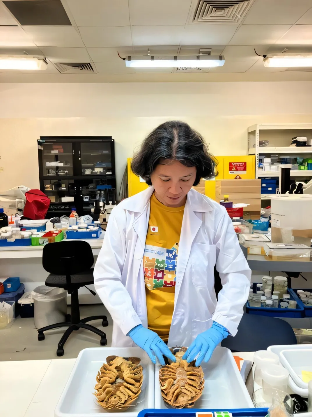 a researcher with a lab coat and blue gloves touches one of two giant isopod specimens on a table