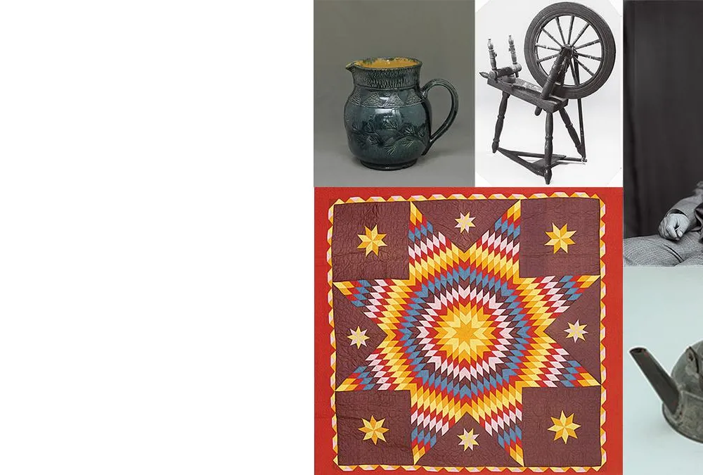 collage of jug, spinning wheel, Booker T. Washington, tea kettle, and quilt
