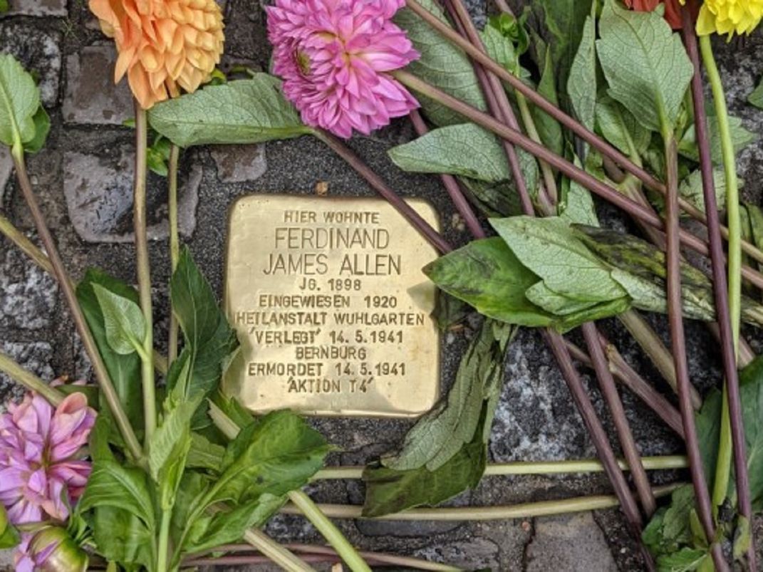 Stolpersteine for Ferdinand James Allen with flowers