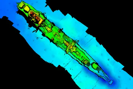 A sonar scan of the German warship Karlsruhe, which was recently discovered off the southern coast of Norway