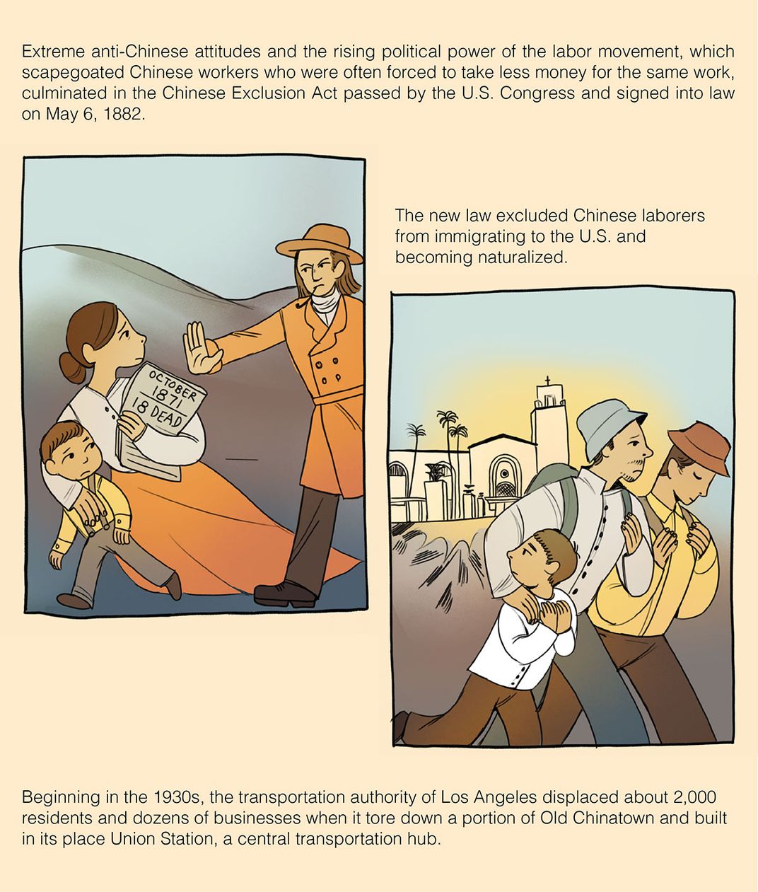 Illustrated comic page. Text: Extreme anti-Chinese attitudes and the rising political power of the labor movement, which scapegoated Chinese workers who were often forced to take less money for the same work, culminated in the Chinese Exclusion Act.