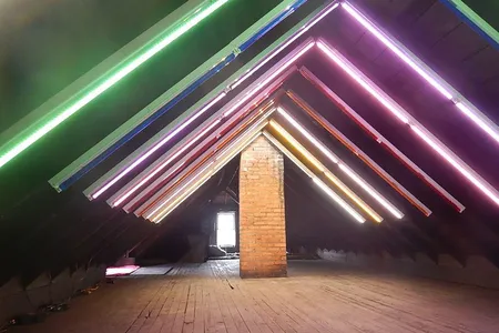 A light installation by visual artist Edward Raffel titled "Rafter Dance" from the 2017 Rooms to Let: CLE event. 