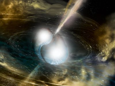 An illustration of two neutron stars merging, ejecting gamma ray streams and clouds of matter that produce heavy elements and light