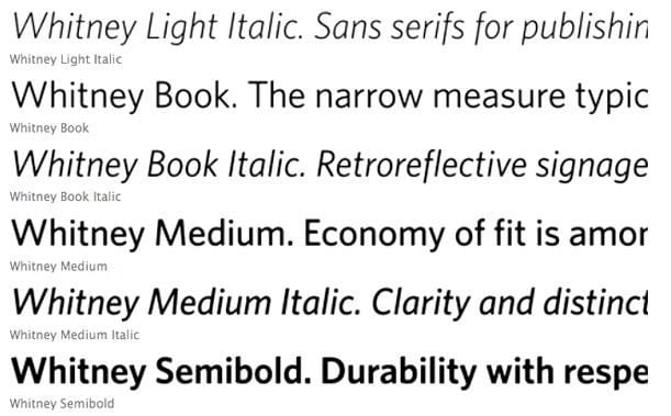 Samples of the Whitney typeface designed by Hoefler & Frere-Jones