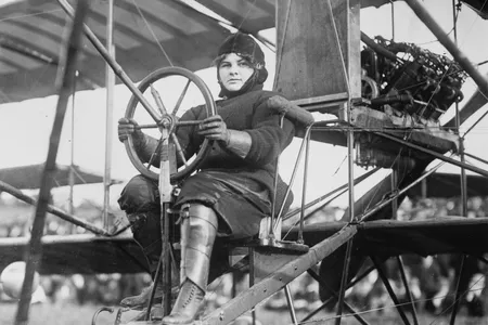 Blanche Stuart Scott at the controls of a Curtiss Model D, circa 1910. Scott was the first woman taught to fly by Glenn Curtiss.