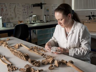 Dr. Anwen Caffell lays out the remains of a Scottish soldier found in a mass grave in Durham, England.