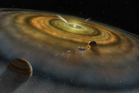 An artist's conception of the dust and gas surrounding a newly formed planetary system. 
