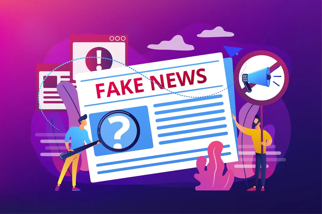graphic showing a cartoon with a magnifying glass inspecting a newspaper with the headline 'Fake News'