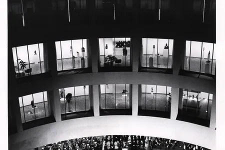 The interior court of on opening night of the Hirshhorn Museum and Sculpture Garden, 4 October 1974.