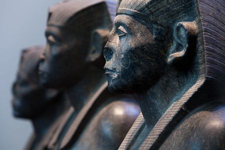 Three black granite statues of the pharaoh Senusret III, c. 1850 BC