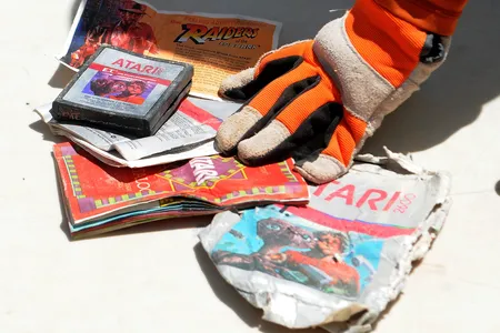 Atari cartridges and packaging recovered from the Alamogordo landfill are shown off on April 26, 2014.