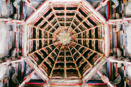One of the most stunning features of Taiwan's Lukang Longshan Temple is its extravagant wood caisson ceiling. 