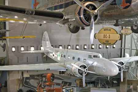 The Museum's Boeing 247-D is displayed with two sets of markings: The right side reflects its time with United Air Lines; the left, the aircraft's 1934 air racing history.
