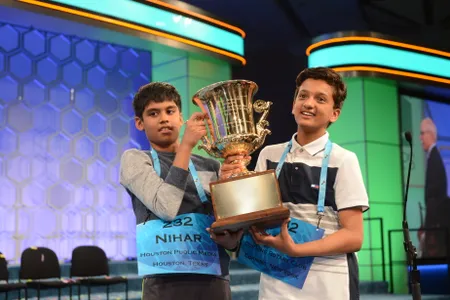 The 2016 Spelling Bee co-champions Nihar Janga, 11, of Austin, Texas, and Jairam Hathwar, 13, of Corning, New York.